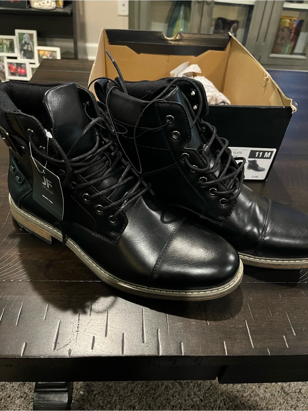 J Ferrar Black Lace-Up Leather Ankle Boots with Contrast Welt block heel 11